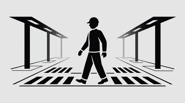 Pedestrian crosses a marked zebra crossing while walking between two rows of street lamps.