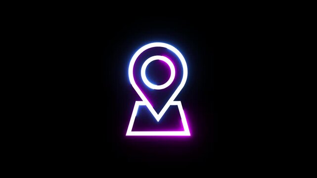 Neon map pointer glow animation on dark background location pin motion graphic element gps navigation symbol.