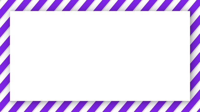 Purple and white diagonal stripes border motion graphic frame, blank copy space, dynamic abstract background, festive animated design.