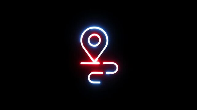 Neon map pointer location with route path animated on a black background, perfect for travel and navigation themes.