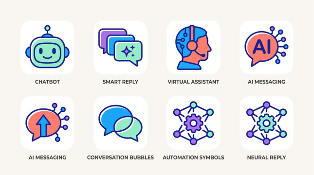 Collection of AI and Technology Icons depicting Chatbots, Virtual Assistants, and Messaging Concepts