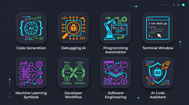 Set of Diverse Digital Programming and Automated Software Development Technology Icons on Dark Background