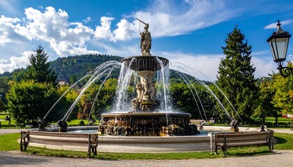Fototapeta premium A large ornate fountain with multiple water jets and statues in a park with trees, grass, and a mountain background