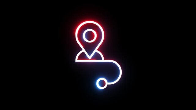Neon glowing navigation icon with moving route path and location marker animation.