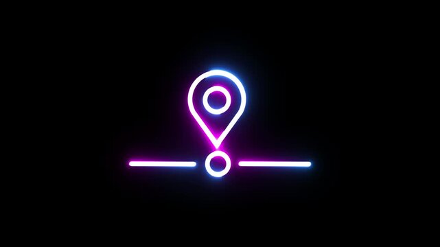 Neon holographic map pointer location line mark icon animation, glow bright purple blue color gradient on black background.