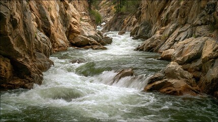Obraz premium whitewater. Whitewater rapids rushing through a narrow rocky canyon, turbulent flow with splashing foam. travel magazines, destination branding, designed for travel destination branding.