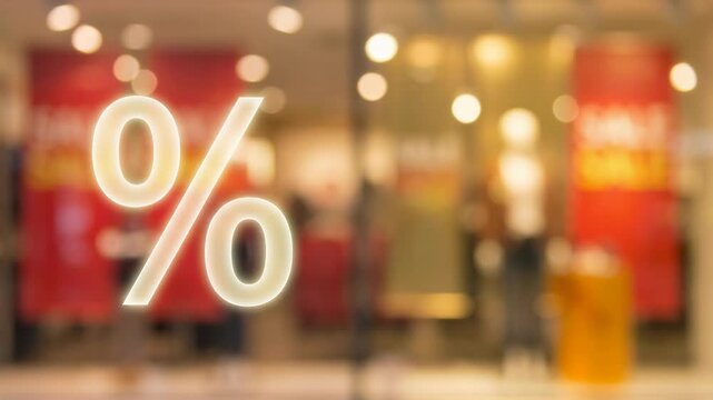 Illuminated percentage sign on a shop window. Retail store promotion and seasonal discount display. Marketing campaign for commerce and consumer saving event.