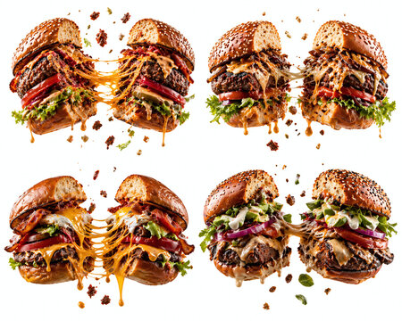 Four gourmet double cheeseburgers pulled apart with melting cheese stretch and flying ingredients isolated on a clean white background.