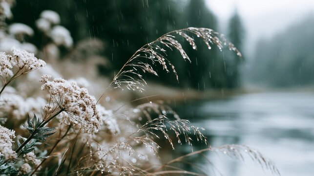 冷たい雨に濡れて水滴が輝く秋の枯れ草と白い花、静寂な湖畔の情緒的な自然風景
