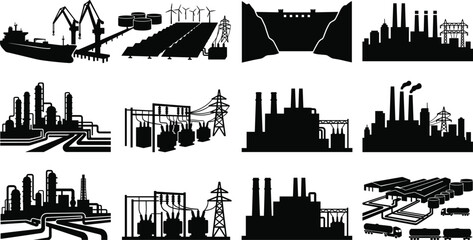 Obraz premium Industrial Energy and Utility Infrastructure Silhouette Icon Set with Power Plants and Logistics