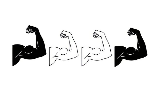 Bicep Muscle Flexing Icon Set - Strong Arm Silhouettes and Outlines for Fitness, Bodybuilding, and Gym Logos