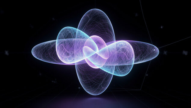 Abstract 3D Digital Art of Glowing Quantum Atomic Orbital Shape in Purple and Cyan Wireframe Energy Field on Black Background