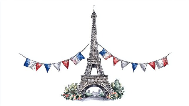 Watercolor illustration of the Eiffel Tower decorated with French flag triangle pennant bunting and floral accents, evoking Parisian charm and national pride in a light festive style.