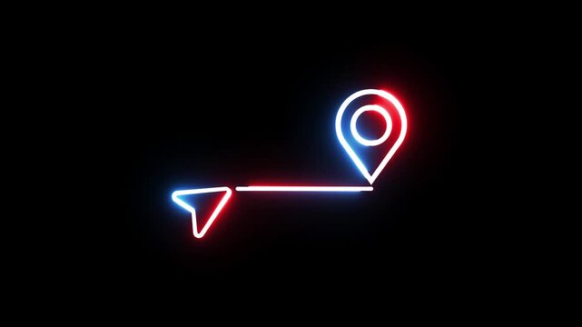 Neon location map pointer with path line animated motion graphic.