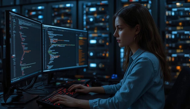 Female Software Engineer Coding in High-Tech Server Room