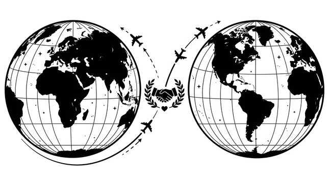 Global connection illustration with handshake and airplanes