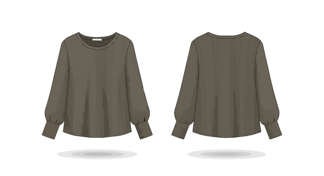 Long Sleeve Women Blouse in Olive Green Front and Back View Fashion Technical Illustration Drawing