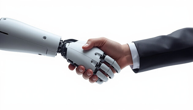 Human and Robot Handshake Symbolizing AI Partnership