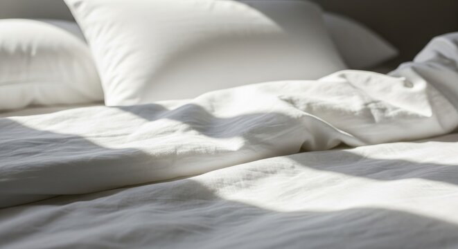 Close-up of a white bed with pillows and sheets, sunlight creating shadows.