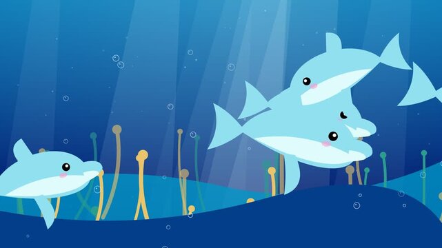 Animated Underwater Scene Featuring Playful Dolphins Swimming in the Ocean.