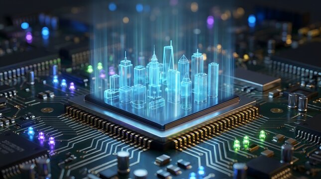 Holographic city skyline projected from computer chip