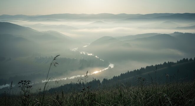 Misty Morning Landscape - Serene View of Rolling Hills and Fog.