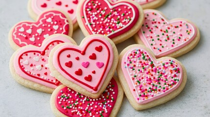 Fototapeta premium Heart shaped sugar cookies with pink frosting and sprinkles