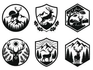 Fototapeta premium Vintage Deer and Elk Logo Badges with Mountain and Forest Wildlife Emblems