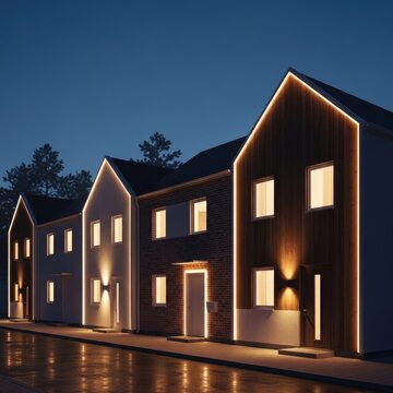 Modern Homes Illuminated at Night.