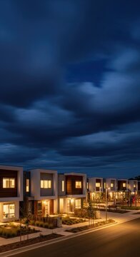 Modern Homes Illuminated Under Dramatic Sky.