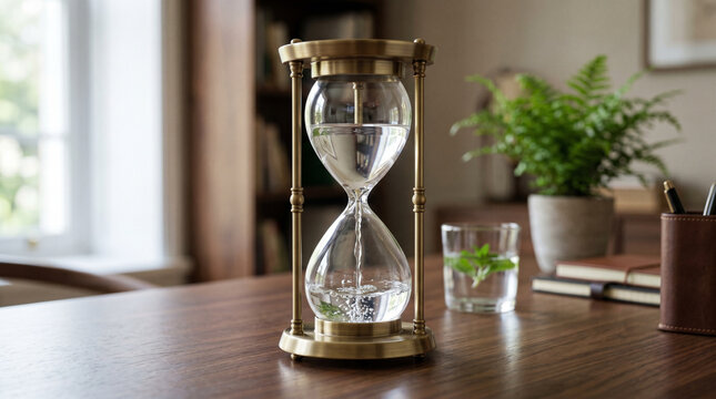 Unique Brass Hourglass Filled with Dripping Water on a Wooden Desk