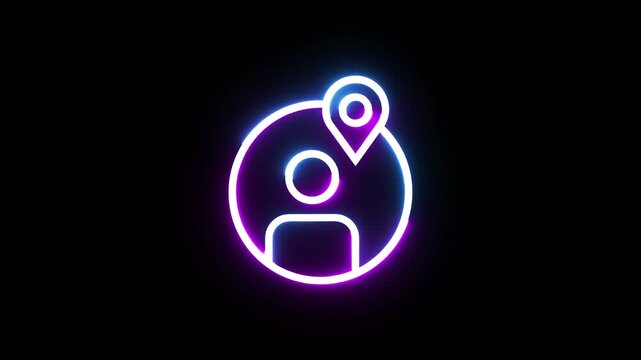 Neon user location icon animation seamless loop with glowing blue and purple gradient light on black background.