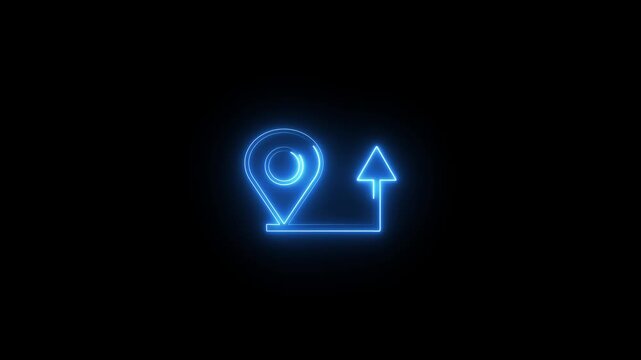 Neon map pointer with direction line and arrow showing path on black background, location pin mark animation.