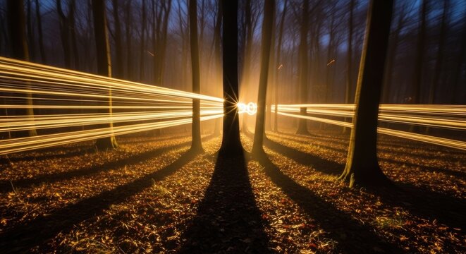 Mysterious Light Trails Through Forest at Dusk with Trees Silhouetted.