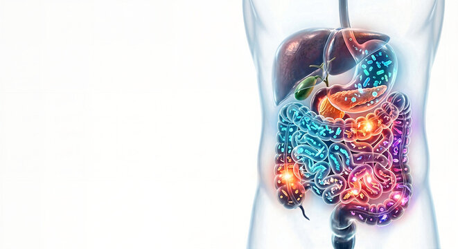 Human gut microbiome with glowing bacteria in digestive system, intestine and stomach, medical 3D illustration, gut health concept