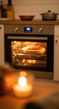 Warm Oven Baking Bread with Candlelight in Cozy Kitchen Setting.