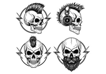 Fototapeta premium Punk Rock Skull Illustration Set with Mohawks and Headphones