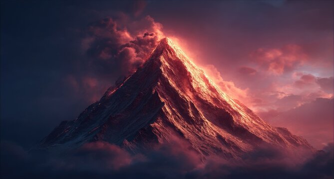 Fiery mountain peak glows in dramatic sunset