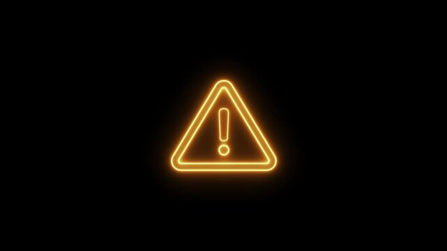 Glowing yellow neon warning sign with exclamation mark animation on black background