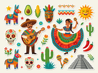 Obraz premium Mexican Fiesta Sticker Set with Mariachi, Pinata, Sugar Skull, and Cultural Icons