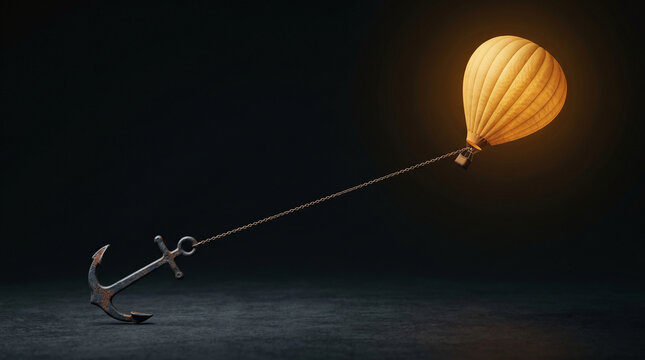 Glowing hot air balloon tied to a heavy metal anchor