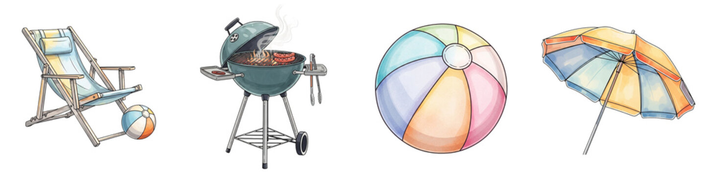 Set of isolated Summer beach essentials including chair, grill, ball, and umbrella  