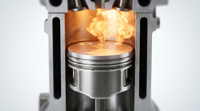 Cutaway view of an internal combustion engine piston igniting