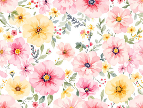 Romantic Blooming Pattern Background With Artistic Watercolor Flowers