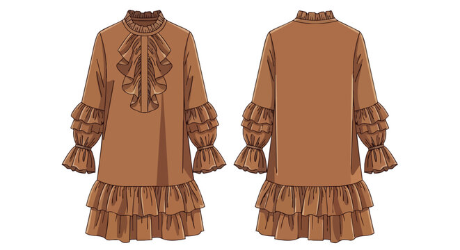Elegant Brown Women Ruffle Front Dress Technical Drawing with Tiered Hem and Sleeve Details Front and Back View