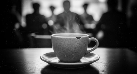 Fototapeta premium Vintage Black and White Artistic Photo of a Steaming Cracked Coffee Cup in a Busy Blurred Cafe Setting