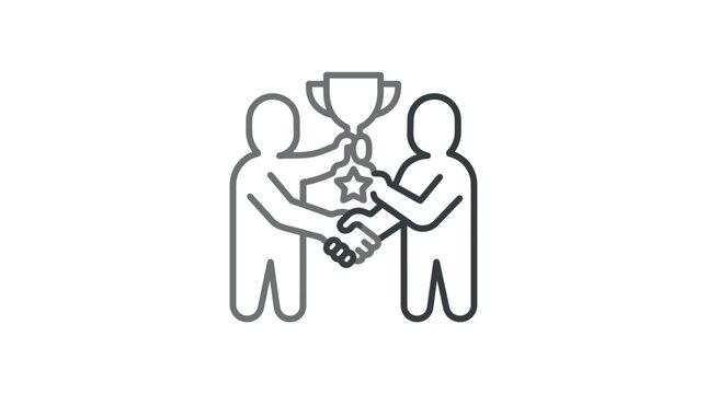 Two athletes shaking hands under a winner trophy cup.