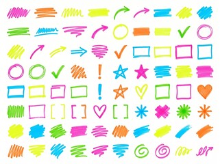 Fototapeta premium Vibrant collection of 80 hand-drawn highlighter strokes. Neon marker lines, frames, checkmarks, and arrows isolated on white.