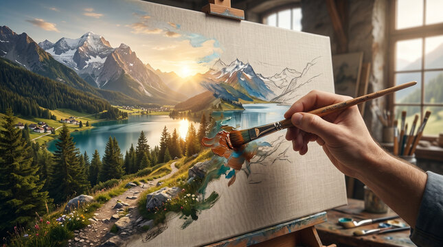 Artist painting a realistic mountain landscape that blends into the canvas