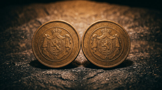 Two antique metallic coins with royal crests resting on a dark stone surface
